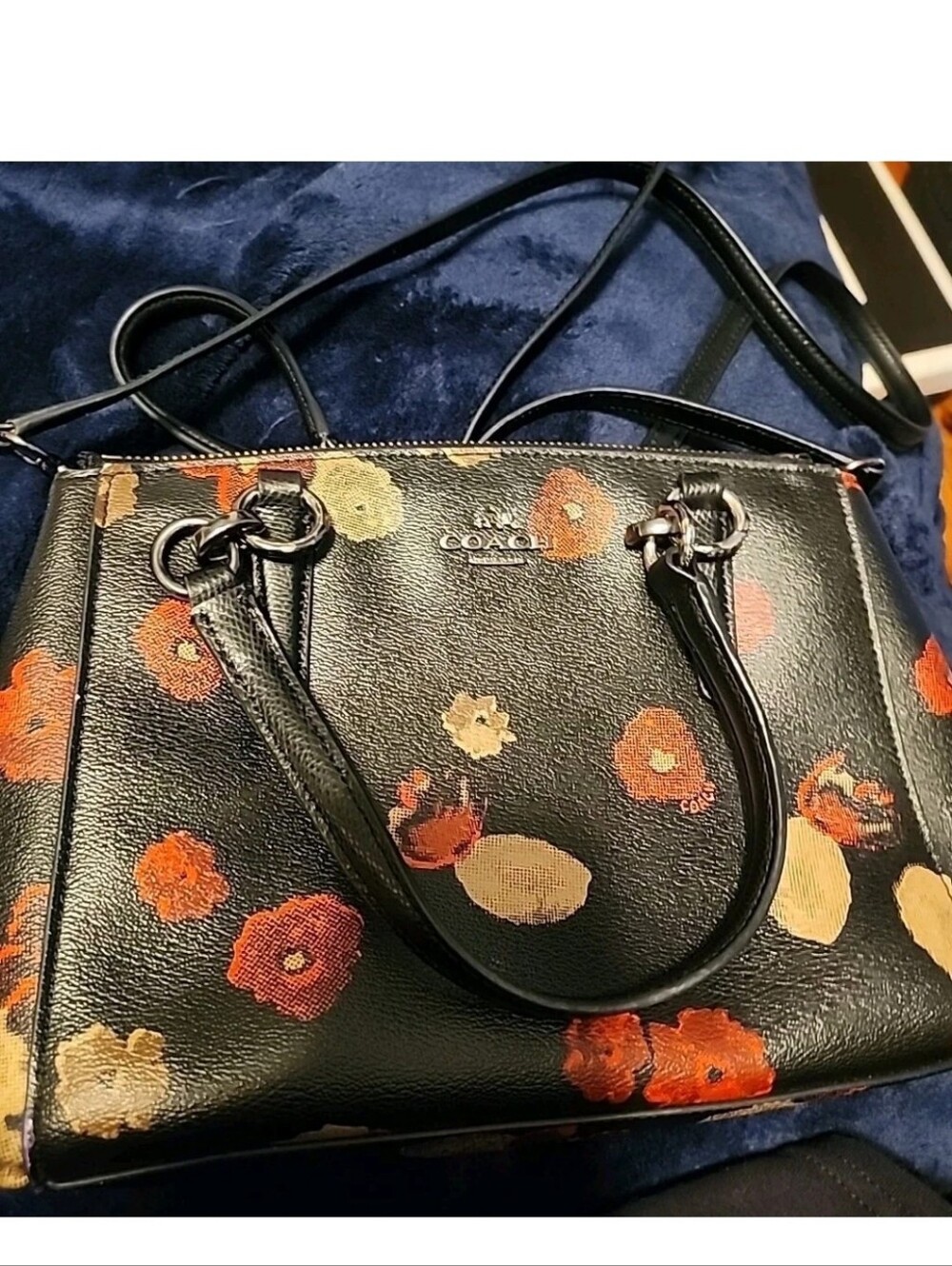 COACH Black Leather Satchel with Orange & Cream Floral Print - Picture 3 of 6